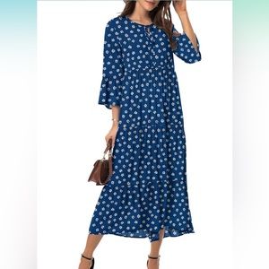 Womens 3/4 Sleeve Casual Bohemian Midi Dress